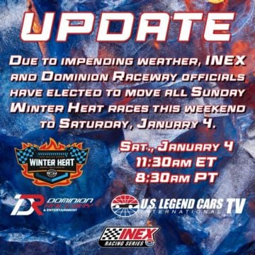 WEATHER UPDATE | Winter Heat races scheduled for Sunday, January 5 at Dominion Raceway have been moved to Saturday, Janu...